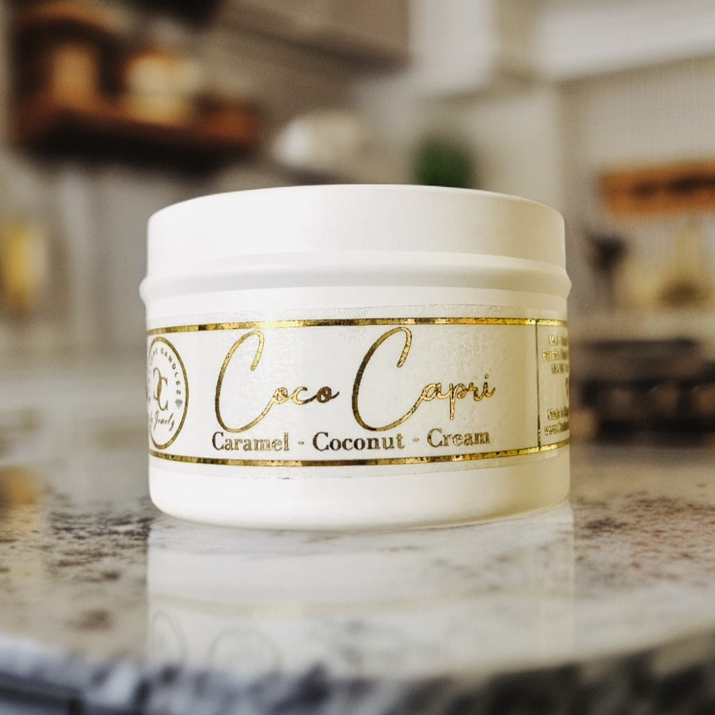Couture Candlez by Jewelz luxury copper foiled mini travel candle with notes of caramel, coconut, & cream (Coco Capri