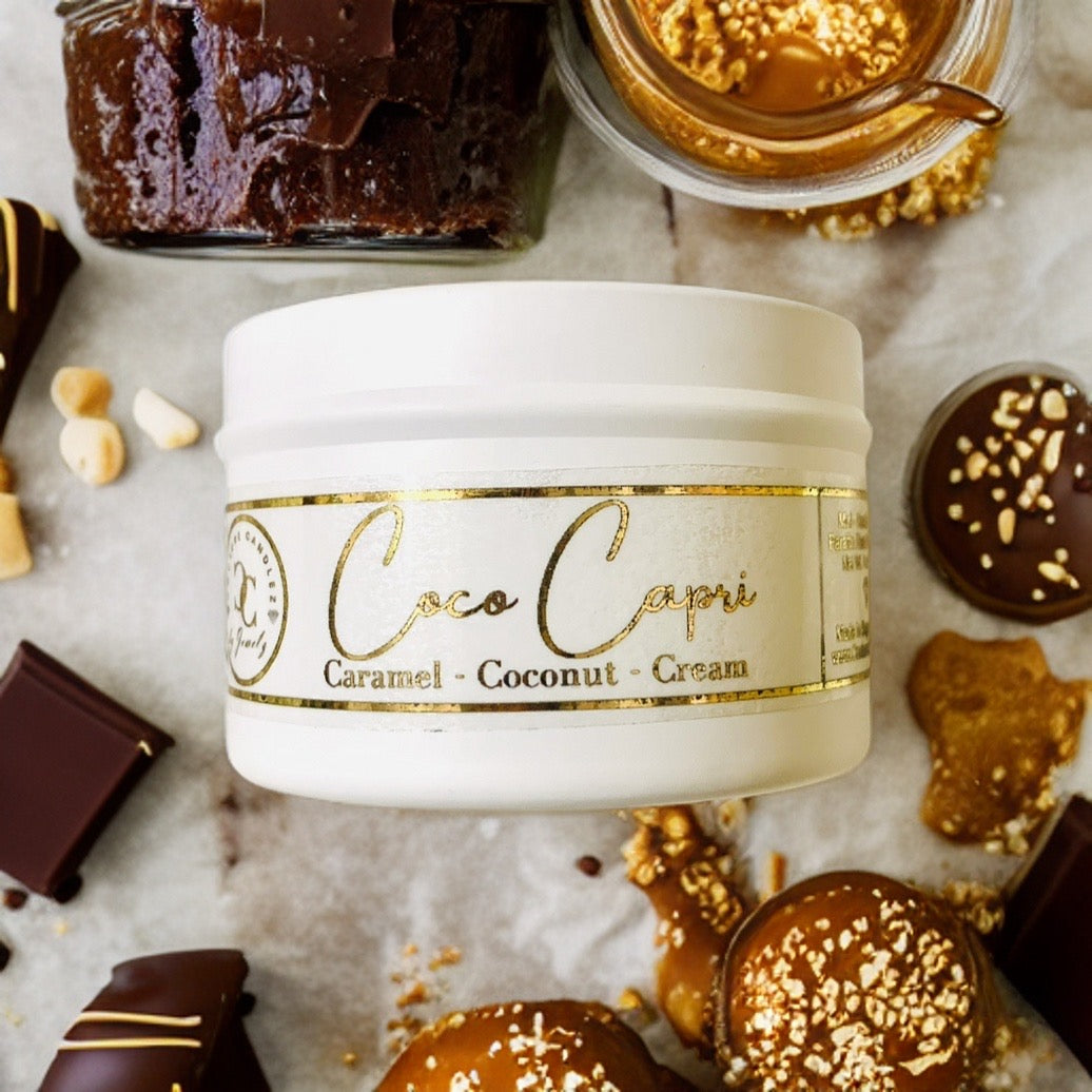 Couture Candlez by Jewelz luxury copper foiled mini travel candle with notes of caramel, coconut, & cream (Coco Capri)