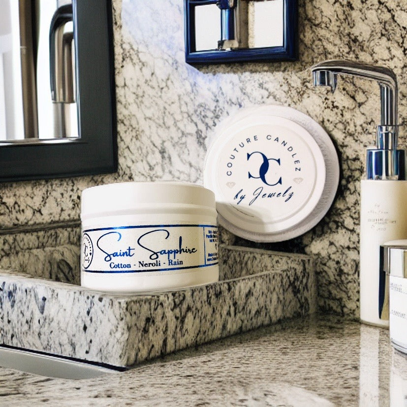 Couture Candlez by Jewelz luxury mini candle with notes of cotton, neroli, & rain (Saint Sapphire)