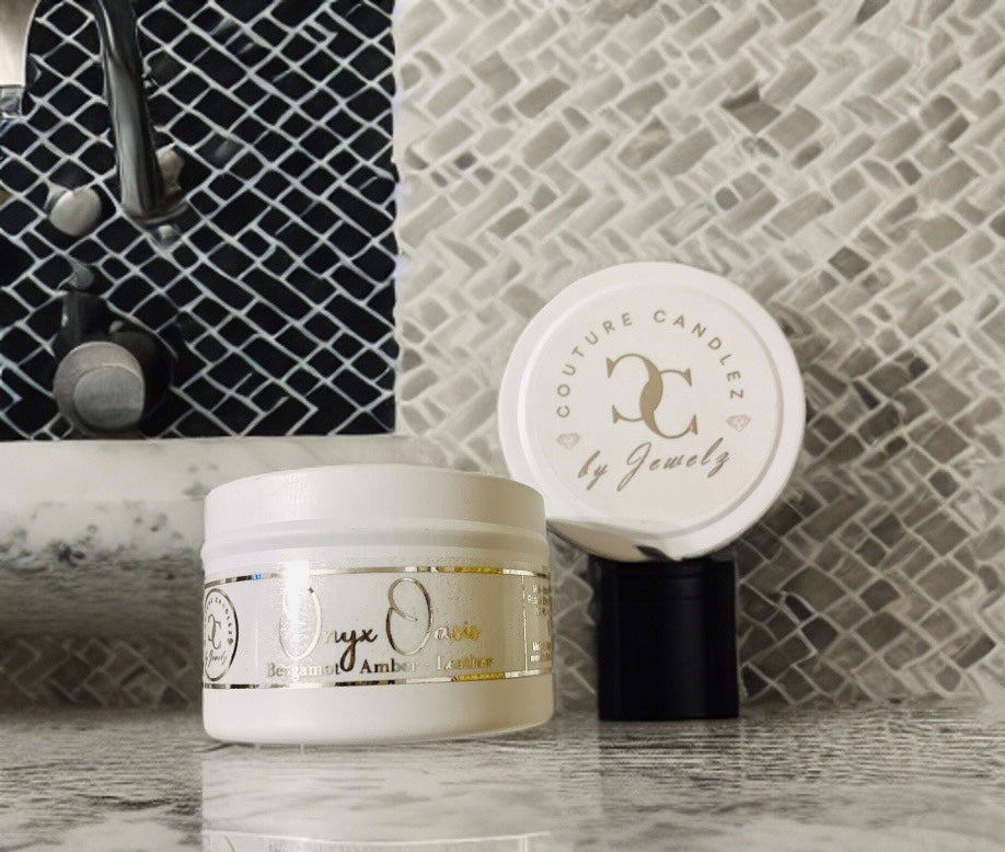 Couture Candlez by Jewelz luxury mini candle with notes of amber, bergamot, & leather (Onyx Oasis)