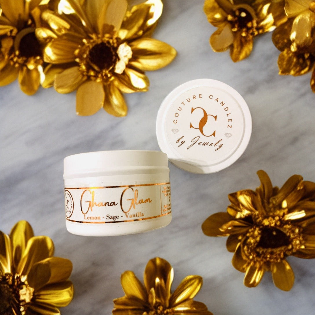Couture Candlez by Jewelz luxury gold foiled mini candle with notes of lemon, sage, & vanilla (Ghana Glam)