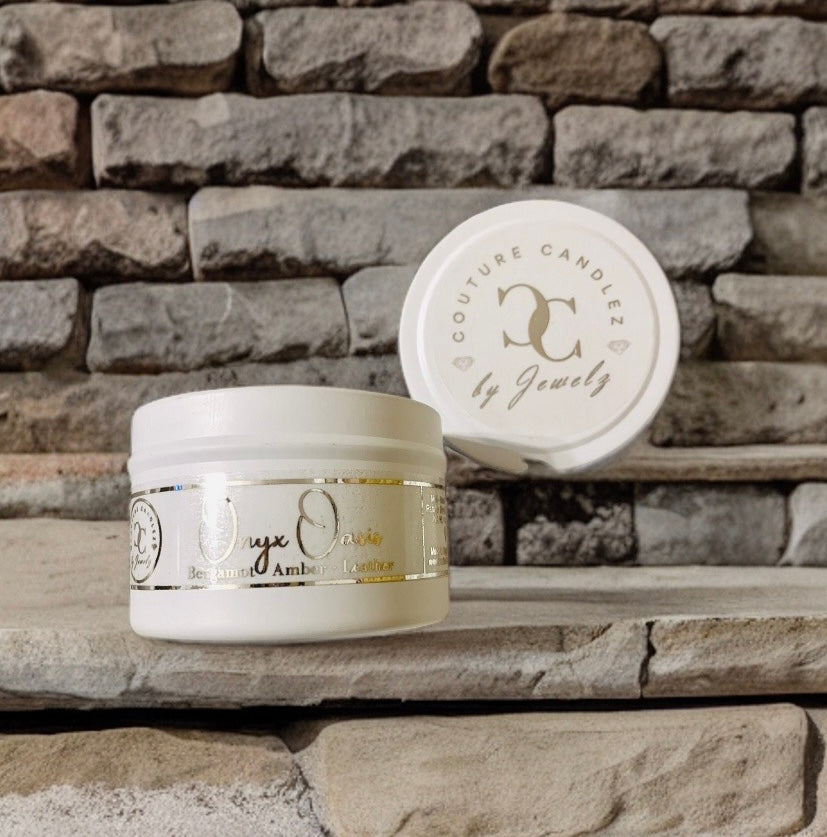 Couture Candlez by Jewelz luxury mini candle with notes of amber, bergamot, & leather (Onyx Oasis)