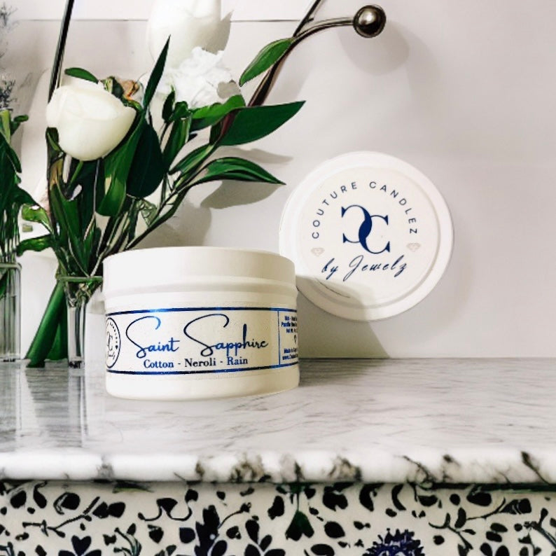 Couture Candlez by Jewelz luxury mini candle with notes of cotton, neroli, & rain (Saint Sapphire)