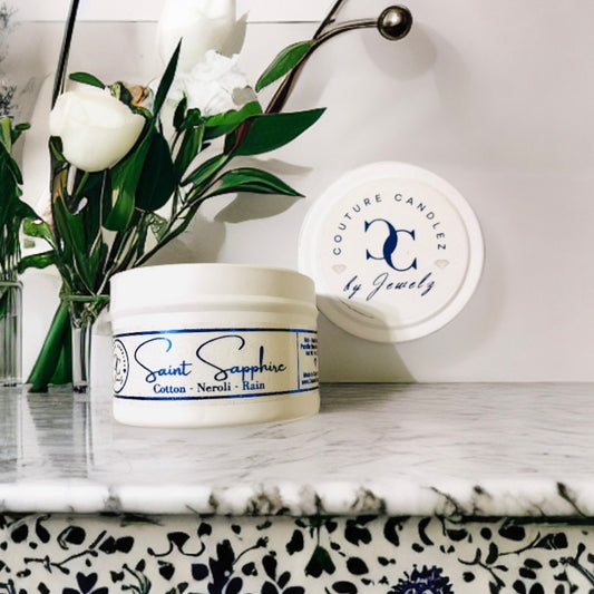 Couture Candlez by Jewelz luxury mini candle with notes of cotton, neroli, & rain (Saint Sapphire)