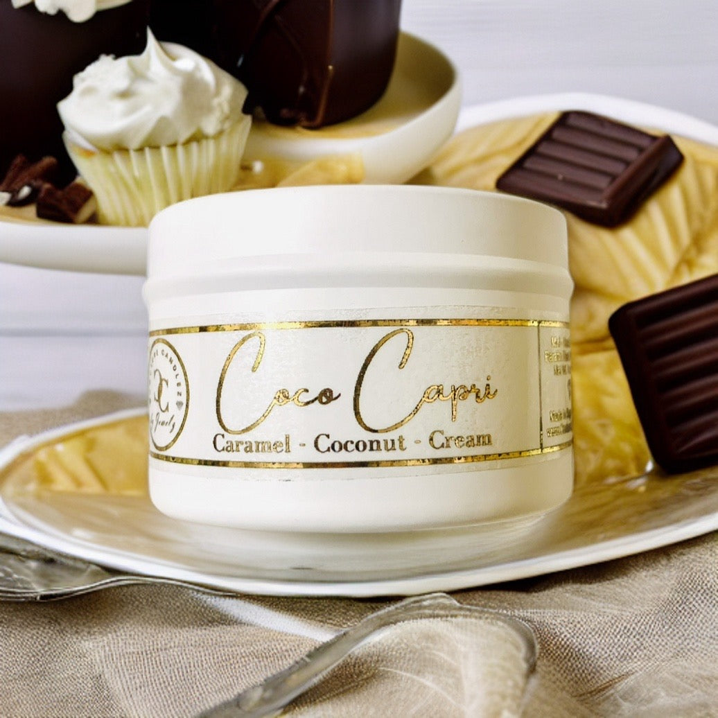 Couture Candlez by Jewelz luxury copper foiled mini travel candle with notes of caramel, coconut, & cream (Coco Capri