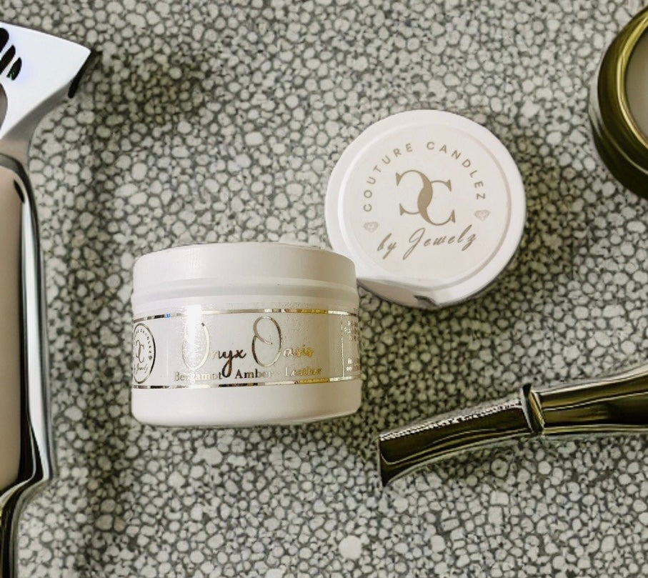 Couture Candlez by Jewelz luxury mini candle with notes of amber, bergamot, & leather (Onyx Oasis)