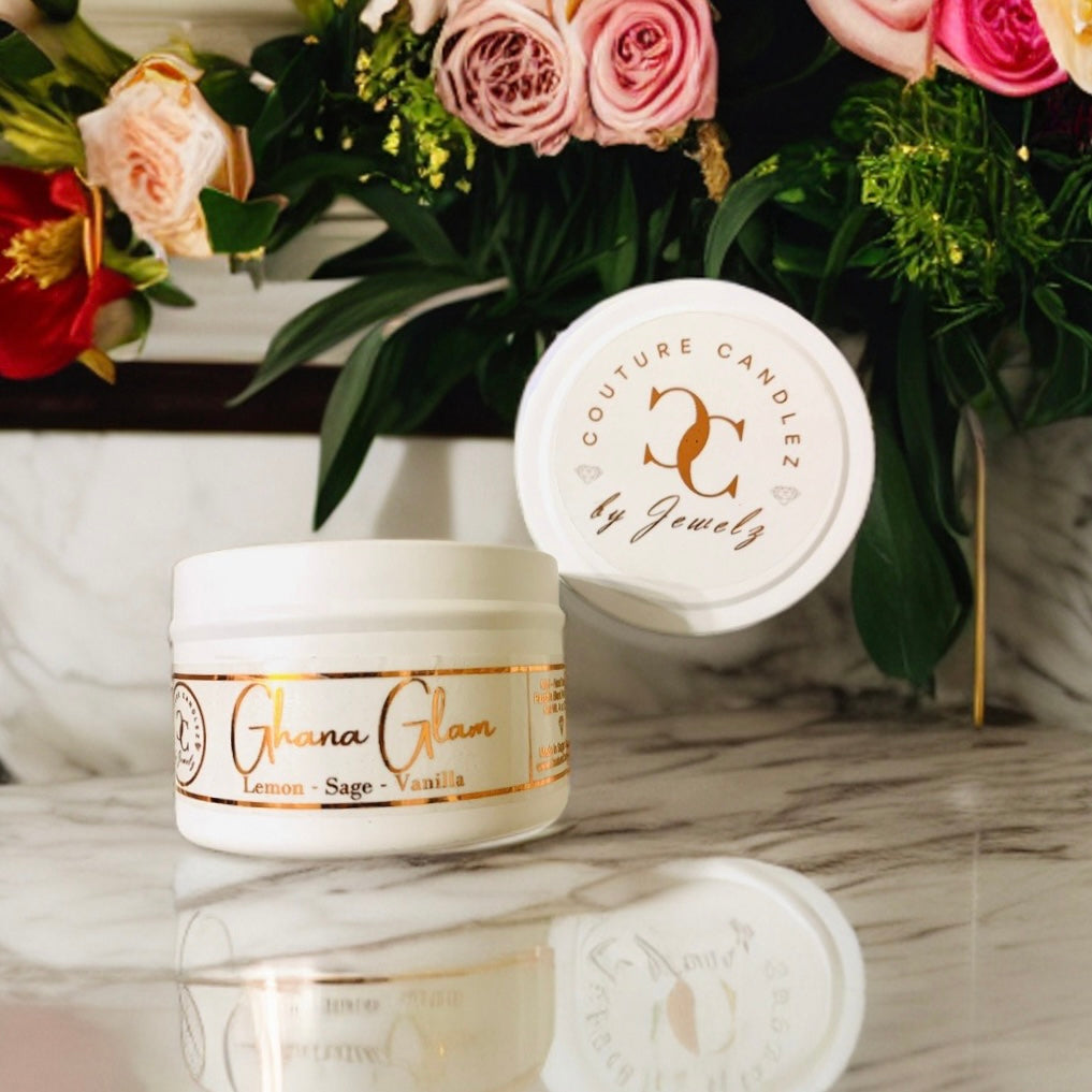 Couture Candlez by Jewelz luxury gold foiled mini candle with notes of lemon, sage, & vanilla (Ghana Glam)