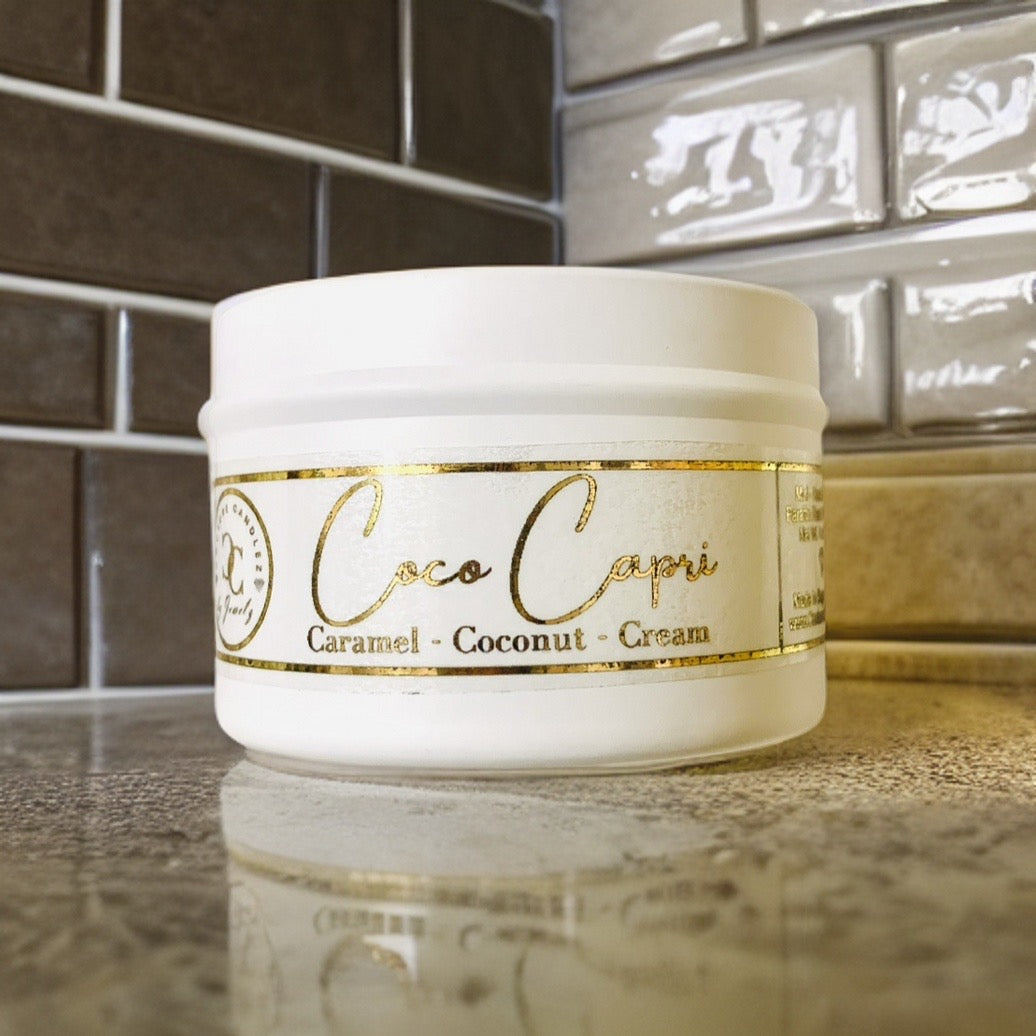 Couture Candlez by Jewelz luxury copper foiled mini travel candle with notes of caramel, coconut, & cream (Coco Capri