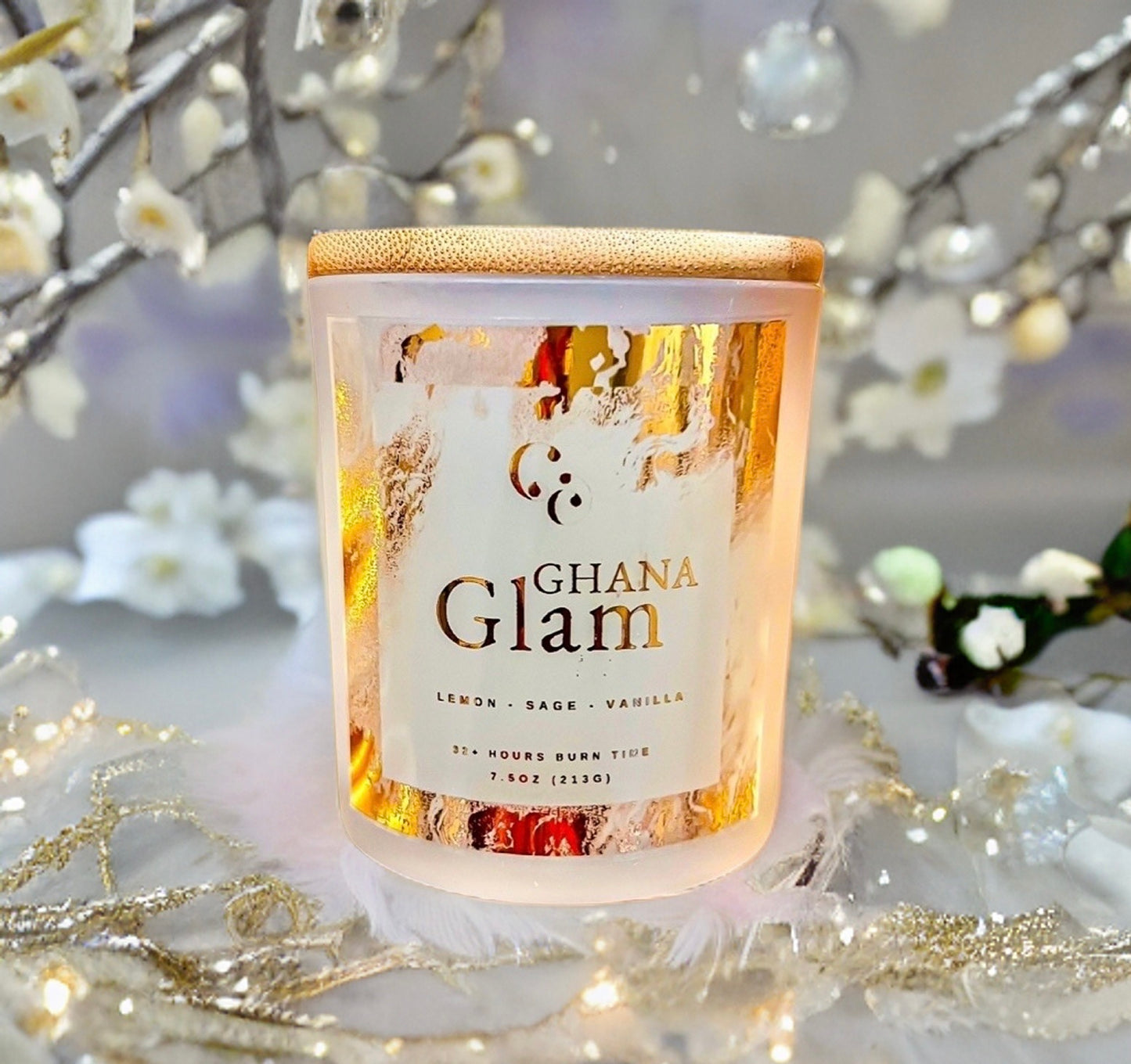 Couture Candlez by Jewelz luxury gold foiled candle with notes of lemon, sage, & vanilla (Ghana Glam)