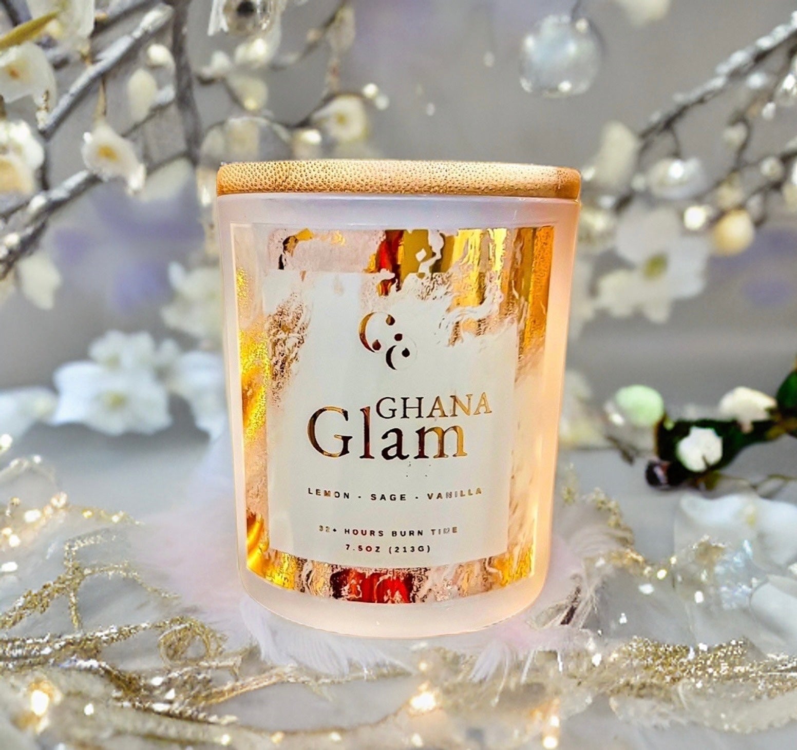 Couture Candlez by Jewelz luxury gold foiled candle with notes of lemon, sage, & vanilla (Ghana Glam)