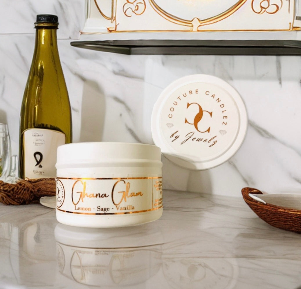Couture Candlez by Jewelz luxury gold foiled mini candle with notes of lemon, sage, & vanilla (Ghana Glam)