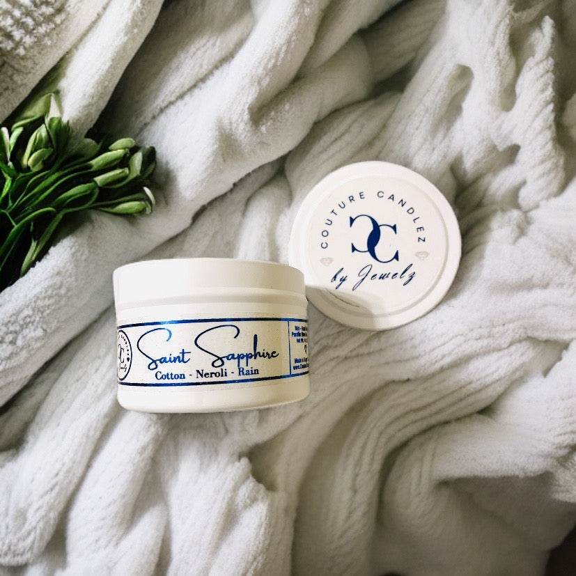 Couture Candlez by Jewelz luxury mini candle with notes of cotton, neroli, & rain (Saint Sapphire)