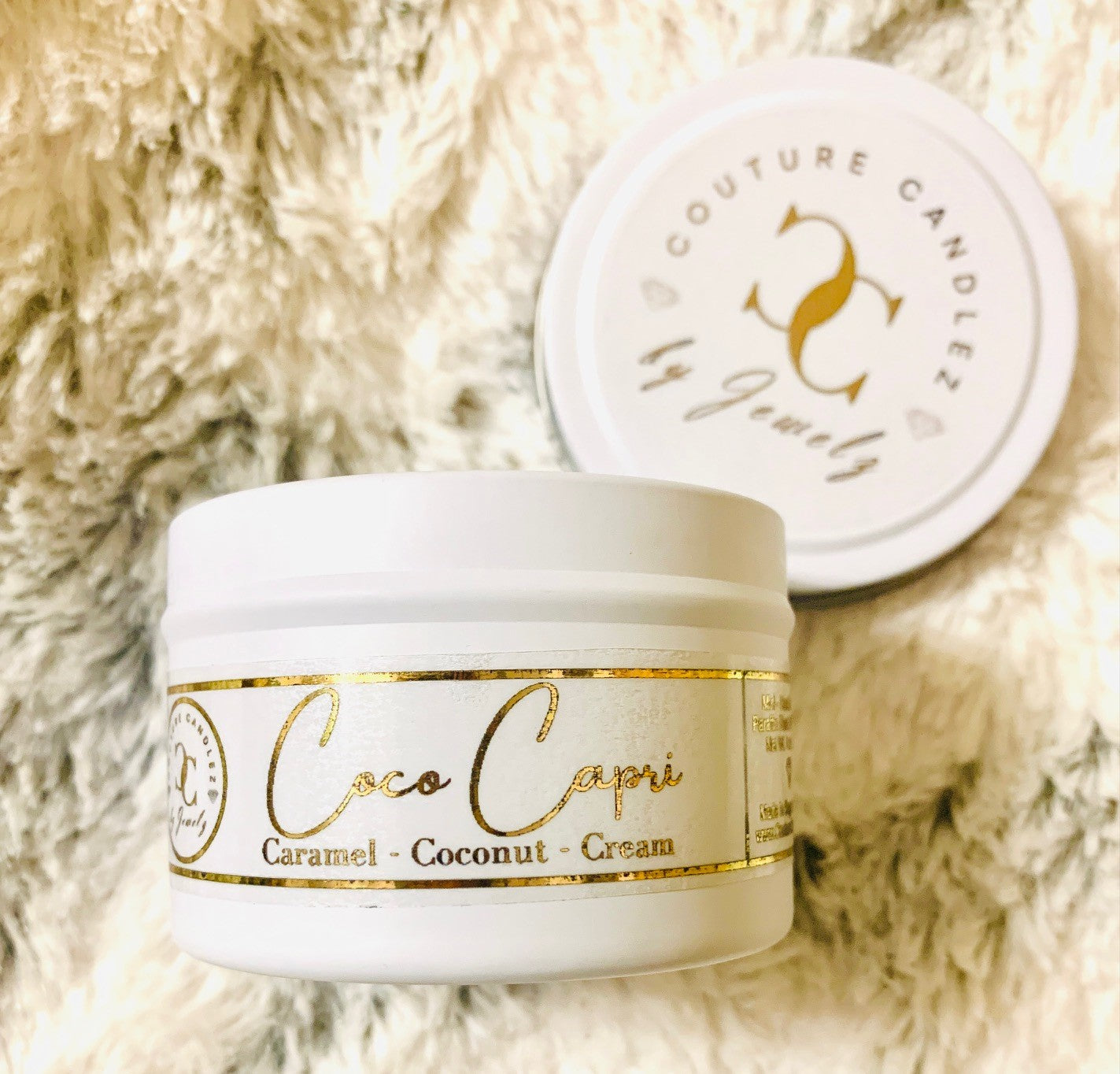 Couture Candlez by Jewelz luxury copper foiled mini travel candle with notes of caramel, coconut, & cream (Coco Capri