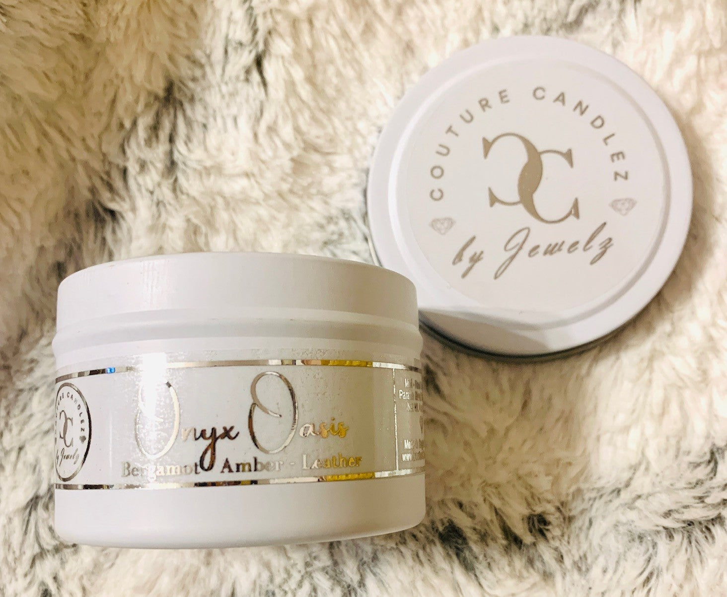Couture Candlez by Jewelz luxury mini candle with notes of amber, bergamot, & leather (Onyx Oasis)