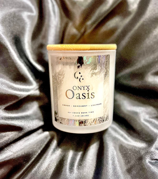 Couture Candlez by Jewelz luxury candle with notes of amber, bergamot, & leather (Onyx Oasis)