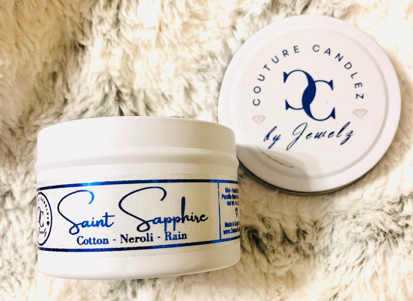 Couture Candlez by Jewelz luxury mini candle with notes of cotton, neroli, & rain (Saint Sapphire)