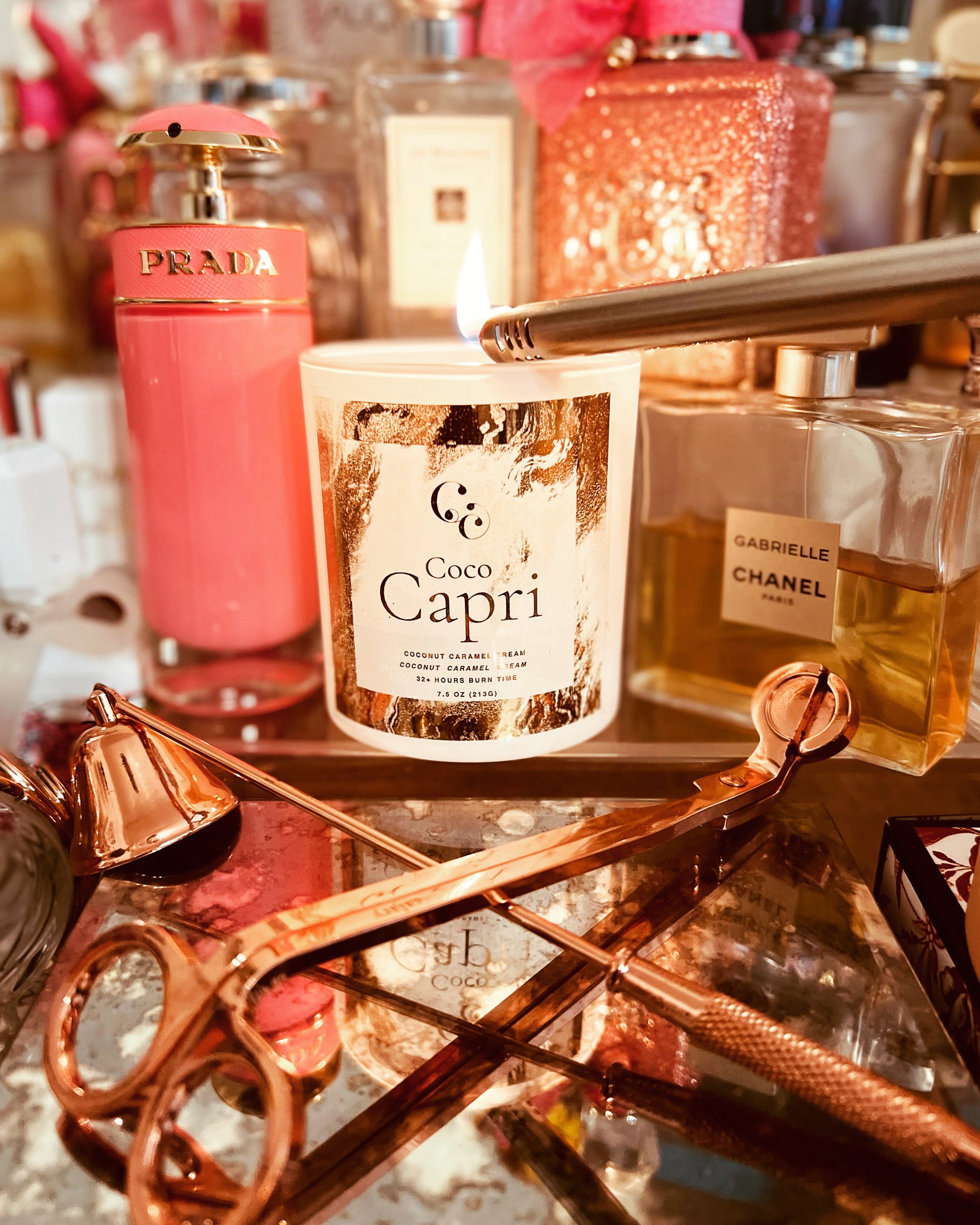 Couture Candlez by Jewelz luxury copper foiled candle with notes of caramel, coconut, & cream (Coco Capri)
