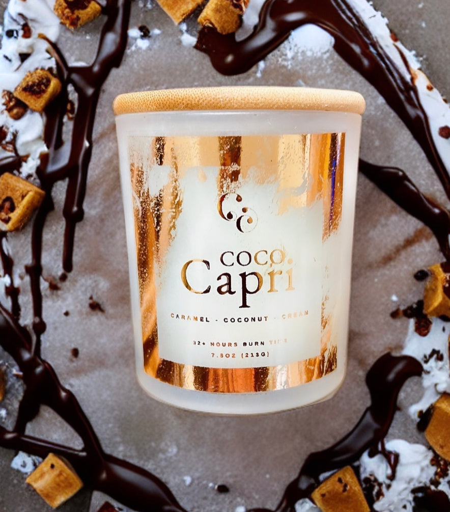 Couture Candlez by Jewelz luxury copper foiled candle with notes of caramel, coconut, & cream (Coco Capri)