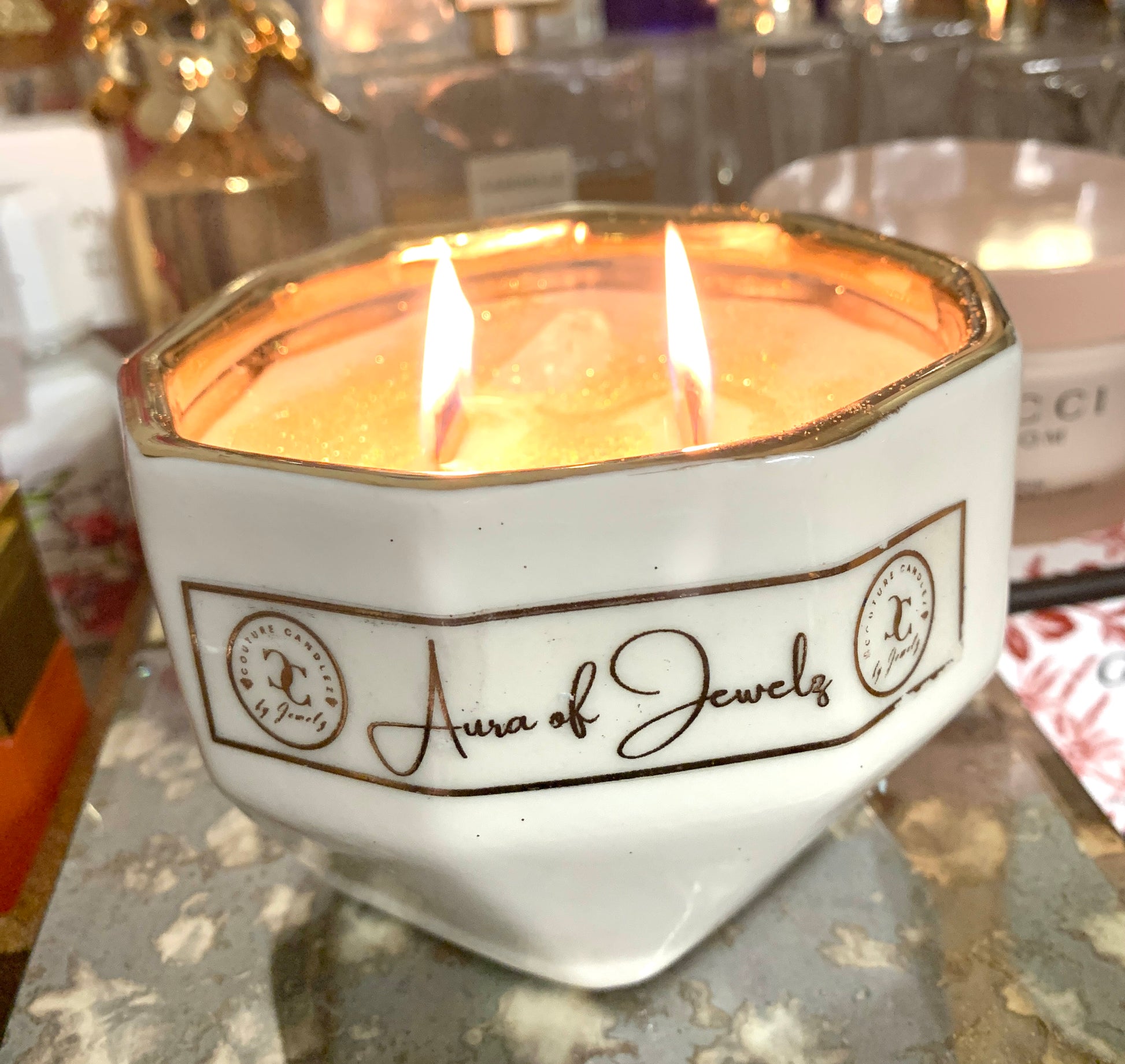 Couture Candlez by Jewelz (Aura of Jewelz) luxury candle - handmade, gold interior, jewel-shaped ceramic bowl with notes of black currant & Bulgarian roses
